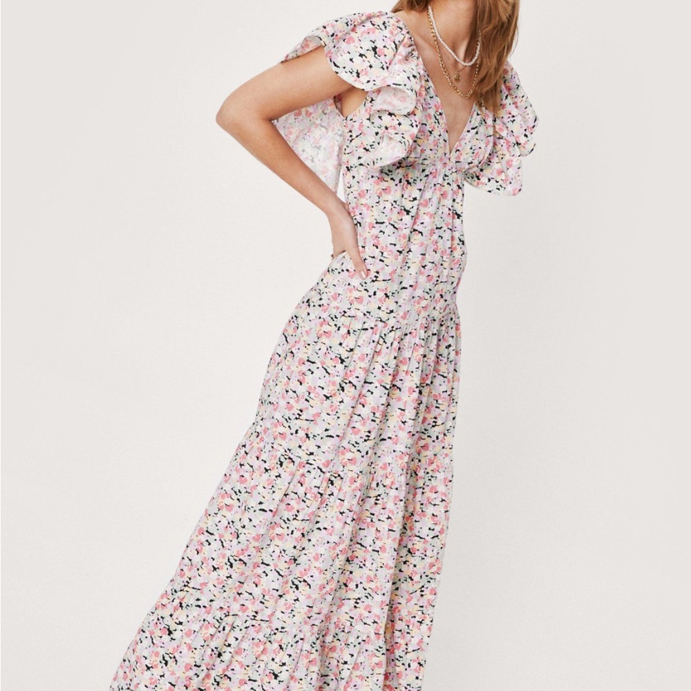 Nasty Gal Pink and Red Flutter Sleeve Maxi Dress